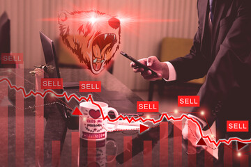 A businesmen using a smartphone, to check and analyzing market data with bear shape symbol of stock market trends on them, stock market exchange on double exposure. Bearmarket, Business concept