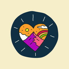 The mountain and rainbow nature design in love shape for badge patch emblem graphic vector art t-shirt design