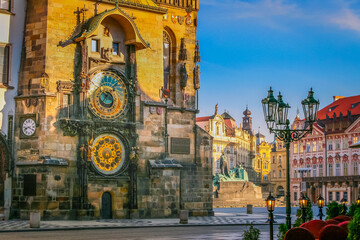 Astronomical clock at sunrise in old town square, Prague, Czechia