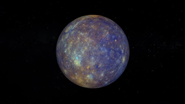 Planet Mercury with enhanced Color. Realistic 3D render of mercury and stars. Mercury in space. "Elements of this image are furnished by NASA." [ProRes - UHD 4K]