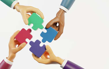 Hands of a group of businessmen assembling a jigsaw puzzle on a white background.