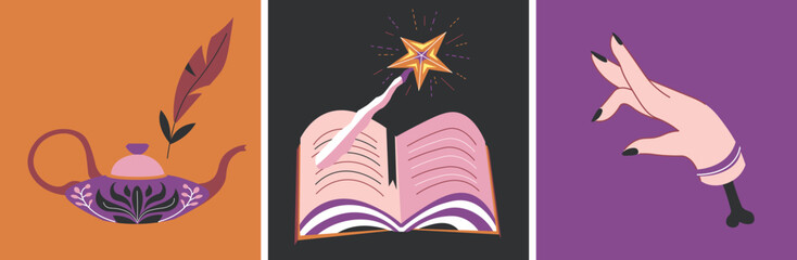 Magic cards, book of spells, sorcery witchcraft