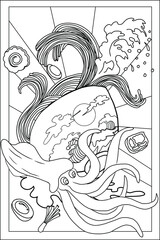 Traditional Japanese ramen and wave for restaurant printing on wallpaper.Ramen vector illustration for doodle art.Asian food.Ramen set vector.