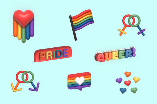 3d Cute Set of LGBTQ community symbols with pride flags, gender signs, retro rainbow colored elements. Pride month stickers. Gay parade groovy celebration. LGBT style icons and slogan collection.