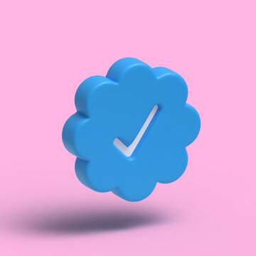 3D cute blue tick, verified in blue and pink color background for social and digital media