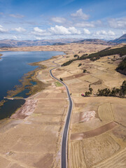 Aerial view of highway in Peruvian Andes. Rural scene during dry season in Cusco Peru.