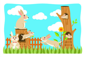 Cute little bunny. Easter Bunny. Illustration of a little bunny with a wooden house. Small wooden house