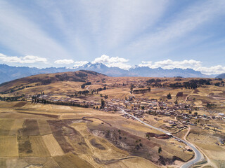 Aerial view of highway in Peruvian Andes. Rural scene during dry season in Cusco Peru.