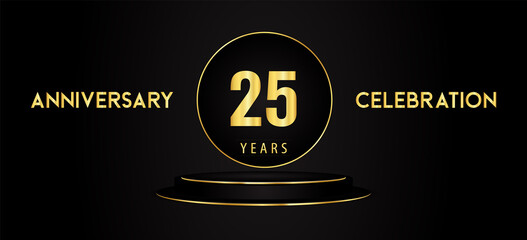 25 years anniversary celebration logotype with black and golden podium pedestal isolated on black background. Premium design for banner, poster, greeting card, weddings, birthday party, graduation.