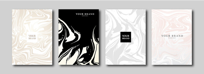 Modern rose gold, white cover design set. Creative fashionable background with abstract marble texture, crack. Luxury trendy vector collection for catalog, brochure template, magazine layout, booklet