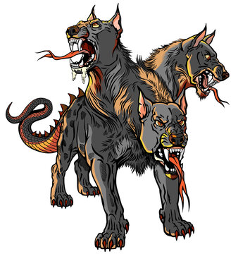 Cerberus hellhound Mythological three-headed dog the guard of the entrance to hell. Hound of Hades a black beast of the underworld. Standing pose, front view. Isolated vector illustration