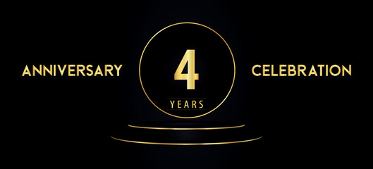 4 years anniversary celebration logotype with black and golden podium pedestal isolated on black background. Premium design for banner, poster, greeting card, weddings, birthday party, graduation.