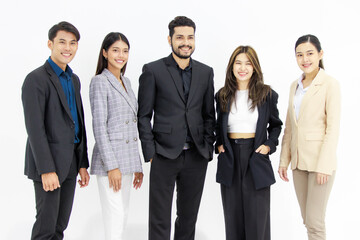 Studio shot group of millennial Indian Asian cheerful professional successful male female businessman businesswoman in formal suit standing smiling crossed arms posing together on white background