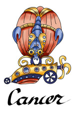 The watercolor illustration of the zodiac sign Cancer in the form of a steampunk airship is signed by Lettering. Drawing for an astrological horoscope in the steampunk style of the Cancer sign