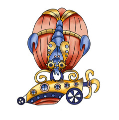 watercolor illustration of the zodiac sign .cancer in the form of a steampunk airship  isolated of white background. Drawing for an astrological horoscope in the steampunk style