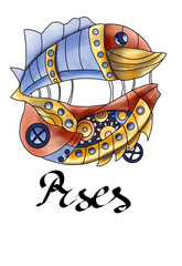 The watercolor illustration of the zodiac sign Pisces in the form of a steampunk airship is signed by Lettering. Drawing for an astrological horoscope in the steampunk style of the Pisces sign