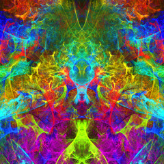 Obraz na płótnie Canvas Imagen de arte fractal digital compuesta de líneas coloridas delgadas seguidas de velos en los mismos tonos en lo que simulan ser rayos cósmicos convergentes hacia el centro.