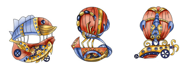 Water signs Cancer, Scorpio, Pisces are painted in watercolor. Zodiac signs in the form of airship icons in steampunk style. Zodiac set of astrological elements in steampunk style, hand-drawn