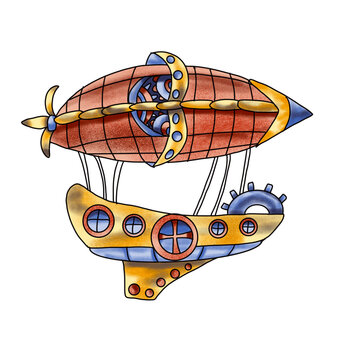recommend clip art: watercolor illustration of the zodiac sign sagittarius in the form of a steampunk airship  isolated of white background. Drawing for an astrological horoscope in the steampunk style