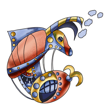 recommend clip art: watercolor illustration of the zodiac sign Capricorn in the form of a steampunk airship  isolated of white background. Drawing for an astrological horoscope in the steampunk style