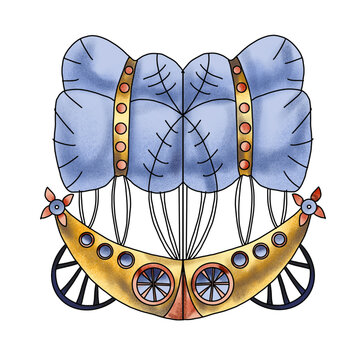 recommend clip art: watercolor illustration of the zodiac sign Gemini in the form of a steampunk airship  isolated of white background. Drawing for an astrological horoscope in the steampunk style