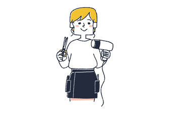 ドライヤーとハサミを持っている美容師　美容院での時間を楽しむ人々