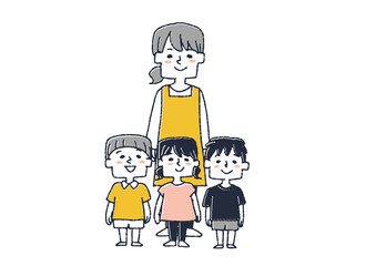 保育士の女性と子供たち　笑顔の保育園、幼稚園生活