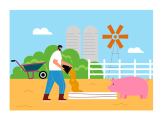 The man is feeding a full bucket of food to the pigs. Swine farm situation with wheelbarrow and windmill. Farm vector illustration.	