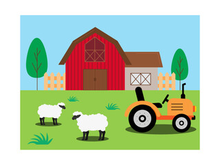 Farm background with barn,sheep and tractor. Activities on the farm. Farm symbol. Farm vector illustration.	