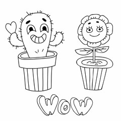 Funny character flowerpot. Groovy element funky flower power and cactus with heart in pot. Vector illustration retro style. Linear hand doodle. Comic element for design and decor, print, card