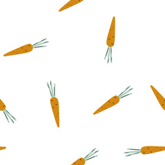 Vegetable summer seamless pattern with orange carrots on white background in cartoon style for fabric, textile, nursery wallpaper