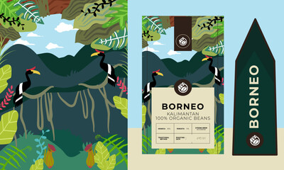 tropical rainforest with hornbill bird illustration suitable for coffee packaging design © anggri