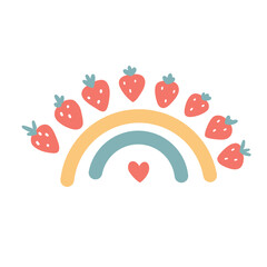 Cute strawberry rainbow, summer vecror illustration in flat style for card, sticker