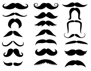 black sillhouettes of moustache icon on white background.  barbershop facial sign. moustache symbol set. mustaches sign. flat style.