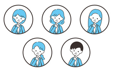 女性のビジネスマン　アイコンセット　悩む、考える