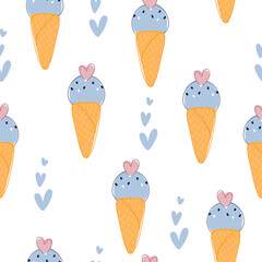 Summer seamless pattern with blue ice cream in cone with heart on white background in cartoon style for fabric, textile, nursery, wallpaper