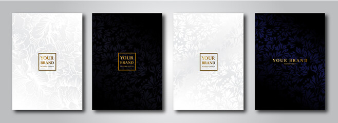 Modern cover design set. Luxury black and white background with water abstract pattern. Premium vector template for menu, invite, brochure template, lux flyer 