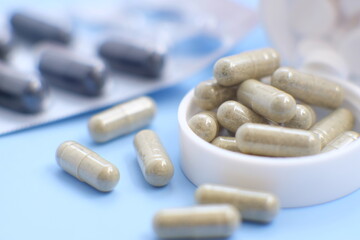 Drug on blue background, medical services