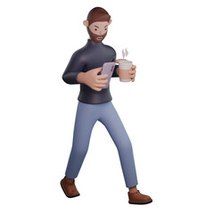 Man chatting on the smartphone and hold coffee