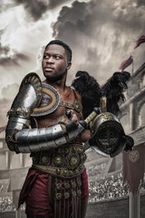 Fototapeta na wymiar Shot of legendary african gladiator holding two swords in cross in arena looking at camera.
