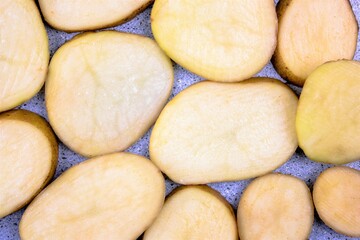 Natural sliced potatoes background.Ripe natural organic potatoes divided into pieces. Uncooked potatoes background.