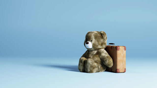 teddy bear sitting near vintage suitcase, 3d rendering