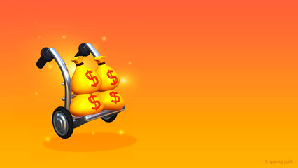 3D render the trolley with money bags on colorful background with clipping path