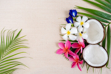 tropical flowers and coconut on sand beach.