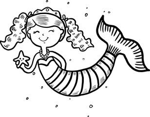 Mermaid coloring book page for kids line art vector blank printable design for children to fill in