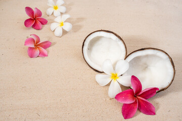 white frangipani flowers and coconut on the sand