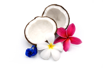 Half coconut and plumeria on white background.