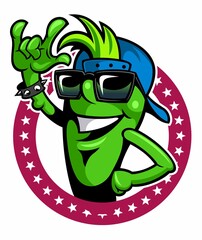 Cartoon style green character with the baseball cap and Hard rock, heavy metal, sign of the horns, rock sign hand, rock vector logo.