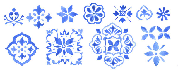 Watercolor Decorative Mediterranean patterns in monochrome blue. Ready to assemble tiles, patterns, decorations, design, borders, graphic design and more! Isolated on white background. Indigo, cobalt