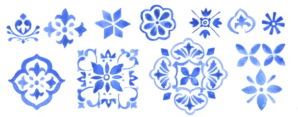 Foto op Canvas Watercolor Decorative Mediterranean patterns in monochrome blue. Ready to assemble tiles, patterns, decorations, design, borders, graphic design and more! Isolated on white background. Indigo, cobalt © Sandra